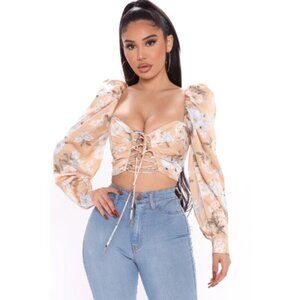 Mable Womens Medium Clothing Floral Lace Up Long Sleeve Crop Blouse